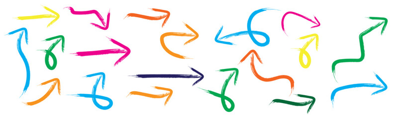 Colorful brush stroke Hand-Drawn Brush Arrow icon for Creative Direction. Directional Arrow icon set. Minimal Circular Arrow and Direction Symbols. Hand-Drawn Colorful arrow icon on white background.