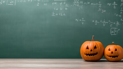 halloween classroom education. Halloween pumpkins on a chalkboard background with mathematical equations.