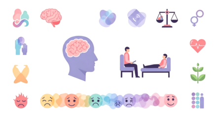 Mental Health Awareness Icons Set – Mixed Vector Illustration of Mind, Brain, Therapy, and Wellbeing Symbols
