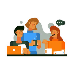 Three People Conversing Over Coffee Near Laptop on Transparent Background