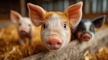 Fototapeta premium Close-up of healthy piglets playfully interacting, showcasing their clean skin and lively behavior in a natural environment.