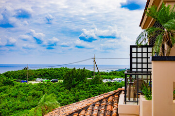 爽やかな南国の青空と青い海・鮮やかなヤシが映える高級リゾートホテルのオーシャンビュー（沖縄県宮古島市）