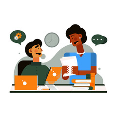 Two People Discussing Paperwork at Desk with Orange Laptop and Books in a Transparent Background