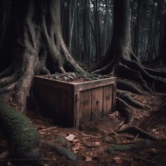 Sunlight streaming through towering ancient trees illuminating a magical fantasy forest path covered in vibrant moss and glowing mushrooms