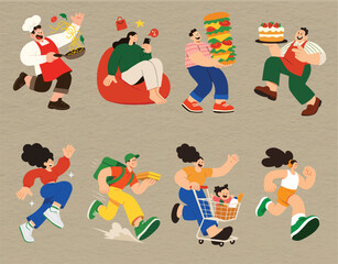 People Doing Daily Activities Illustration Set &mdash; vector collection of men and women cooking, running, shopping, exercising, and enjoying everyday moments in a colorful cartoon style.