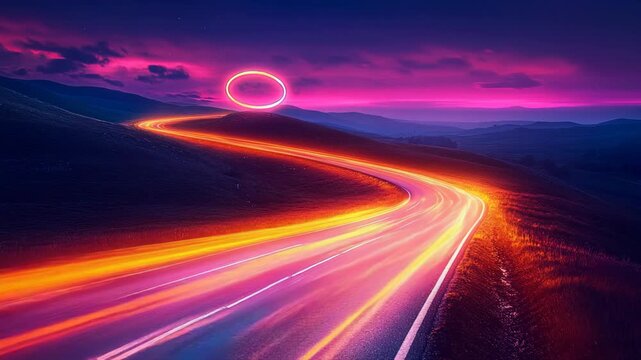 A glowing surreal road lit by bright neon trails leads into the horizon with a circular portal, futurism, speed, adventure, imagination, surreal landscapes, energy, exploration, and limitless journeys