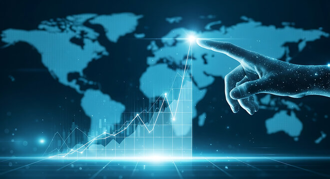 Digital hand touching world map with glowing data and charts