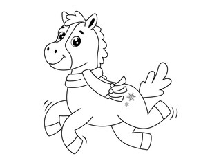  cheerful cartoon horse in a scarf, galloping with snowflakes. perfect for Christmas or winter holiday designs. Coloring book.