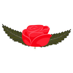 A red rose head with two leaves on each side. Vector illustration on a white background.