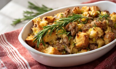  a baked, classic mushroom and sausage stuffing in an oval white serving dish. the stuffing is garnished with fresh rosemary sprigs