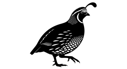 A black and white illustration of a quail walking, showcasing its distinctive plumage and head plume.