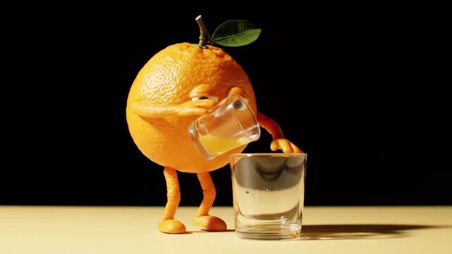 Anthropomorphic Orange Character Pours Juice into Glass on Table with Black Background.