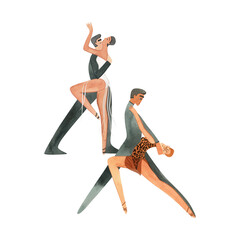 Two pairs of dancers performing Latin American ballroom dance routine. Show. Characters. Isolated watercolor illustration for dance studio.