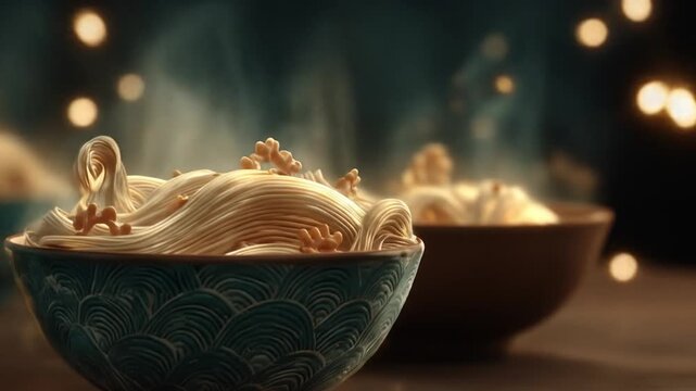 Artistic bowls with hot noodles and walnuts closeup with shallow depth