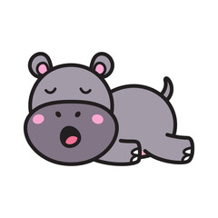 Grey Hippo Character Lying Down with Open Mouth on White Background Cartoon Illustration for Children's Design and Decoration with Simple Black Outlines