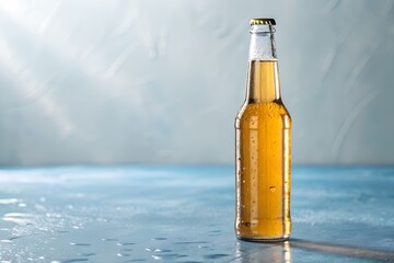 Refreshing golden beer bottle with water droplets on a textured surface under soft light