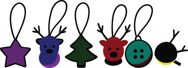 Colorful Christmas ornament set with reindeer, tree, star, and abstract shapes, festive holiday vector design, seasonal decoration icons, cheerful celebration illustration pack