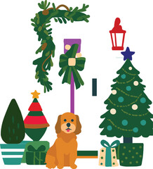 decorated trees, gifts, wreath, lantern, and dog, festive seasonal vector illustration, cozy celebration design, cheerful winter decor pack
