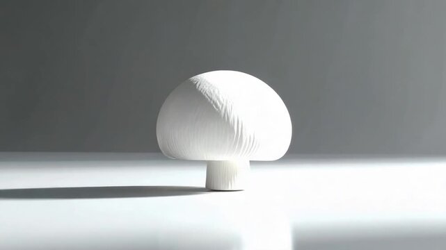 A single fresh white champignon mushroom on a reflective surface with dramatic lighting.