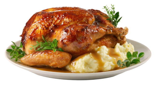 Delicious roasted chicken dinner with mashed potatoes isolated on transparent background