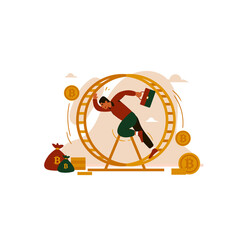 Running in Wheel Chasing Money with Bitcoin Theme Illustration in Transparent Background