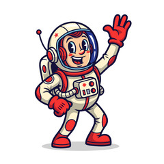 A cheerful cartoon astronaut waving, designed in a retro, vintage style. Features a white spacesuit with red accents, a friendly expression, set against a clear background. Vector illustration