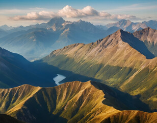Abstract mountain ranges in morning light, digital watercolor. A mountain landscape in the morning.