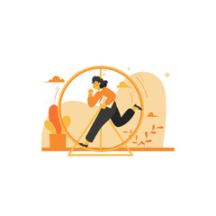 Woman in Orange Shirt Running Inside Golden Hamster Wheel Vector Illustration On Transparent Background