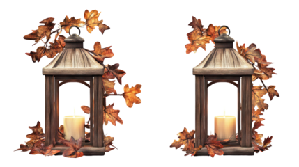 Two rustic lanterns with autumn leaves and candles isolated on transparent background