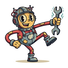 Cartoon style vintage mechanic mascot, sporting a helmet with wires, patchwork overalls, and holding a wrench, standing on a light background offering a cheerful, retro character design