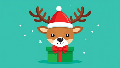 Minimal Flat Design Christmas Reindeer with Red Fur and Festive Present