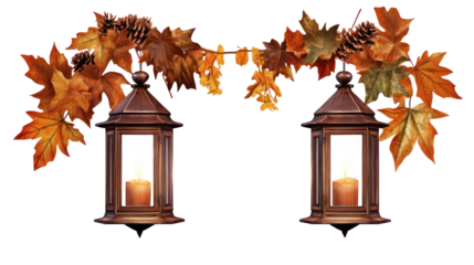 Two vintage lanterns with autumn leaves and pinecones isolated on transparent background