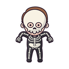 Pixel Art Halloween Doodle of a Child in Skeleton Costume with White Skull Mask and Black Outfit on Transparent Background
