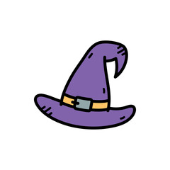 Purple Witch Hat with Yellow Buckle on a Transparent Background Isolated Spooky Halloween Costume Party Decoration Wizard Accessory Festive Cartoon Icon Element
