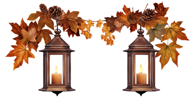 Two antique lanterns with autumn leaves decoration isolated on transparent background