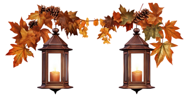 Two vintage lanterns with autumn leaves and pinecones isolated on transparent background