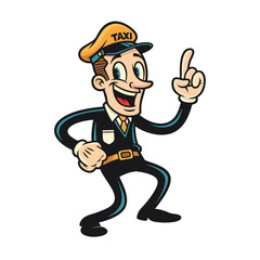 Fototapeta premium A cheerful cartoon generic vehicle operator with a bright yellow cap and black uniform is depicted in a vintage mascot style, set against a clean white background. The classic design illustration