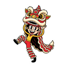A vintage cartoon character joyfully performs a lion dance, clad in a vibrant red and gold traditional costume. The artwork captures the festive spirit and cultural richness of the celebration