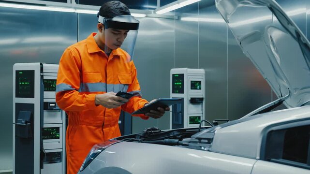 Mechanic male wearing orange uniform and face shield uses a handheld scanner to diagnose a white car with the hood open in a high-tech garage, showcasing automotive diagnostics and repair technology.
