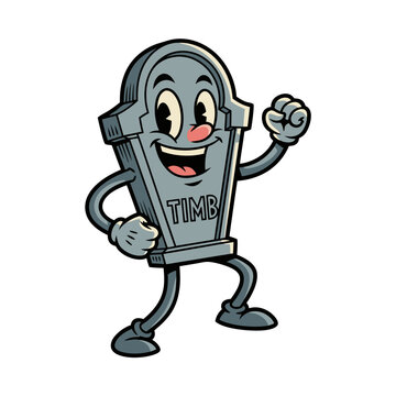 A vintage cartoon mascot featuring a smiling tombstone character with googly eyes on a white background, grayscale cartoonish details, rounded top, Inscription and animated limbs. The image evokes a