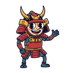 Obraz premium A vintage cartoon style mascot featuring a samurai in red and gold armor, complete with a traditional helmet. The character is set against a clean white background. Full body shot with cheerful