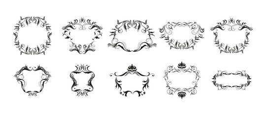 Elegant collection of decorative frames heraldic elements badges laurel wreaths and blank ribbons. Collection of calligraphic vintage frames and text separators, vector illustration.