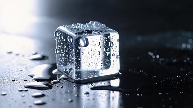 A single clear ice cube melts on a dark reflective surface.