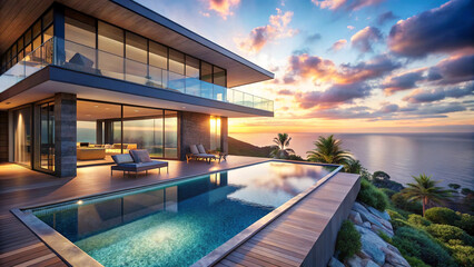 Fototapeta premium A contemporary home with an infinity pool and a view of the ocean conjures up an ethereal vision of luxury that might become a best-selling backdrop or wallpaper