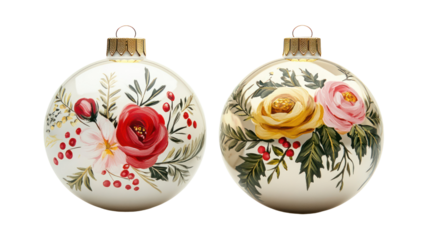 Two ornate hand painted floral christmas ornaments isolated on transparent background