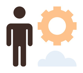 Person standing beside gear and cloud symbolizing teamwork, development, innovation, productivity, and cloud computing. Ideal for business, collaboration, creativity, planning digital