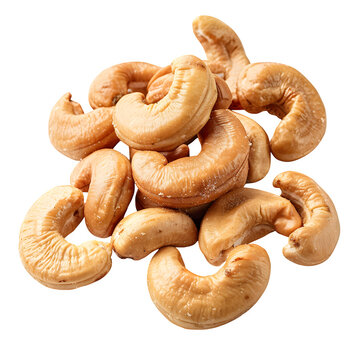 Delicious roasted cashews nuts food snack healthy nutrition ingredient isolated transparent background in clear view with natural colors and sharp focus on a plain background. Simple clean style for s