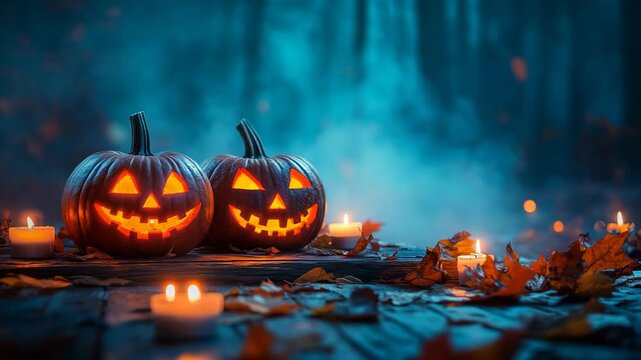 Two glowing jack-o&rsquo;-lanterns sit among fallen leaves and candles in a dark forest, symbolizing Halloween, tradition, festivity, autumn, and the magical atmosphere of spooky seasonal celebration.