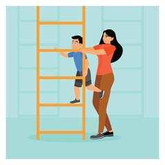 Fototapeta premium Playground facility concept. Mother Helps Boy Climb Ladder In Bright Indoor Gym Setting.