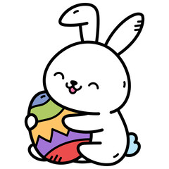 Smiling White Rabbit Hugging a Colorful Easter Egg with Transparent Background Illustration for Father's Day Celebration Card